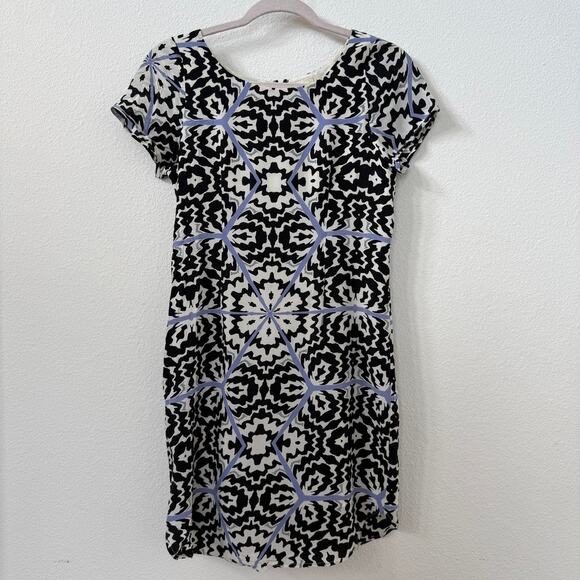 YUMI KIM Silk Sheath Dress Black Ivory Blue Geometric Print XS - Picture 1 of 6